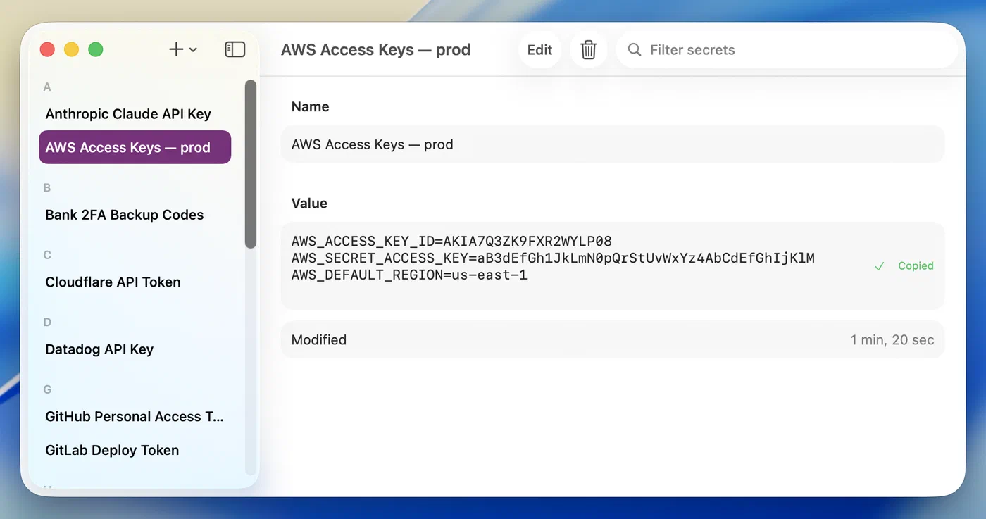 A secret's value copied, with a Copied confirmation