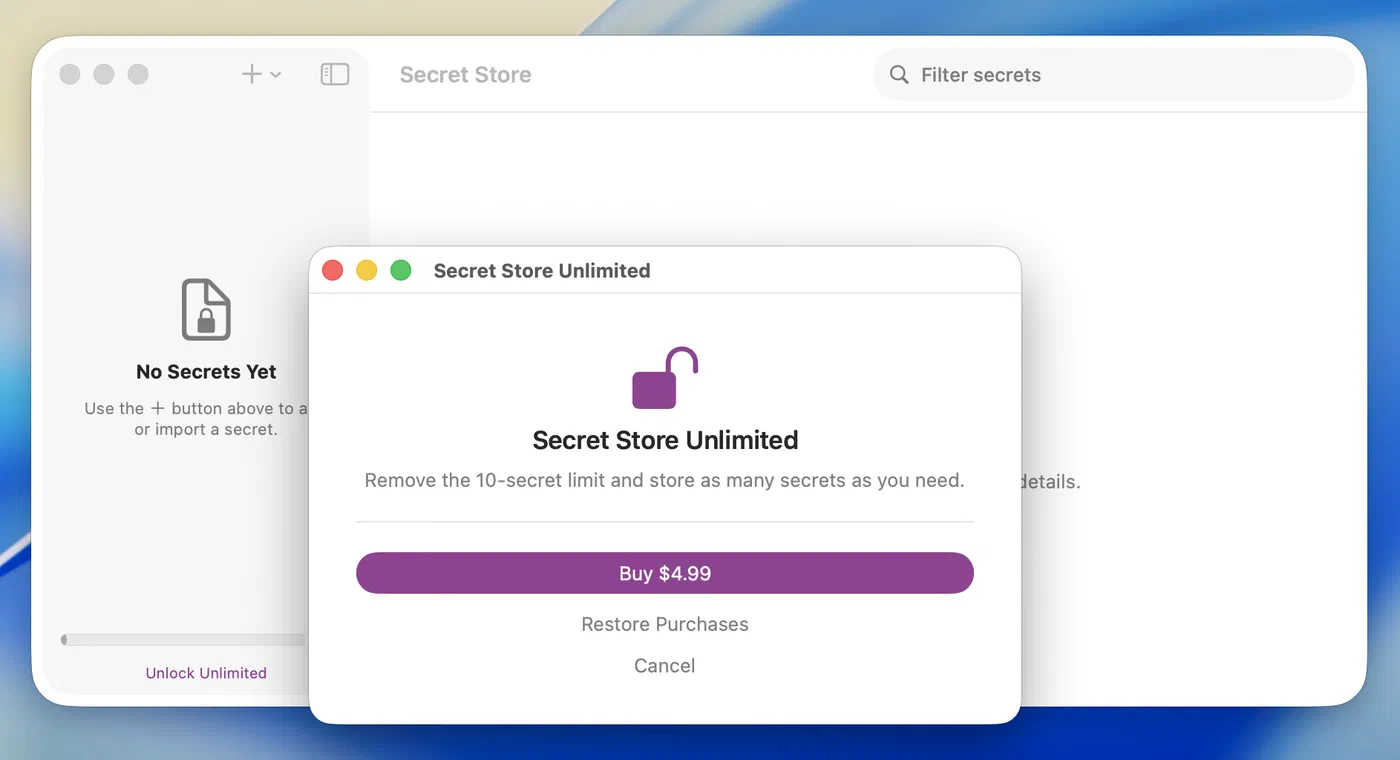 The Unlock Secret Store Unlimited screen