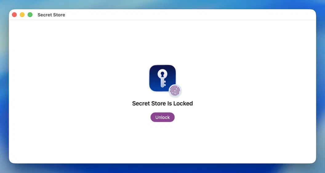 Secret Store's lock screen reading 'Secret Store Is Locked' with an Unlock button