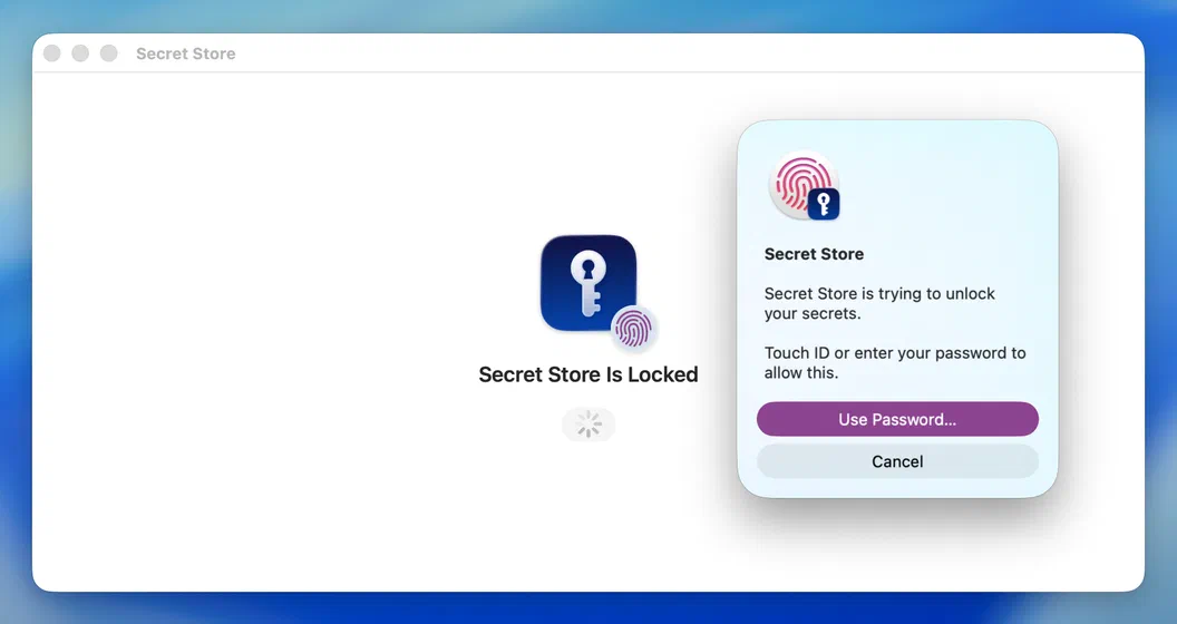 The macOS Touch ID prompt asking to unlock Secret Store, with a Use Password option